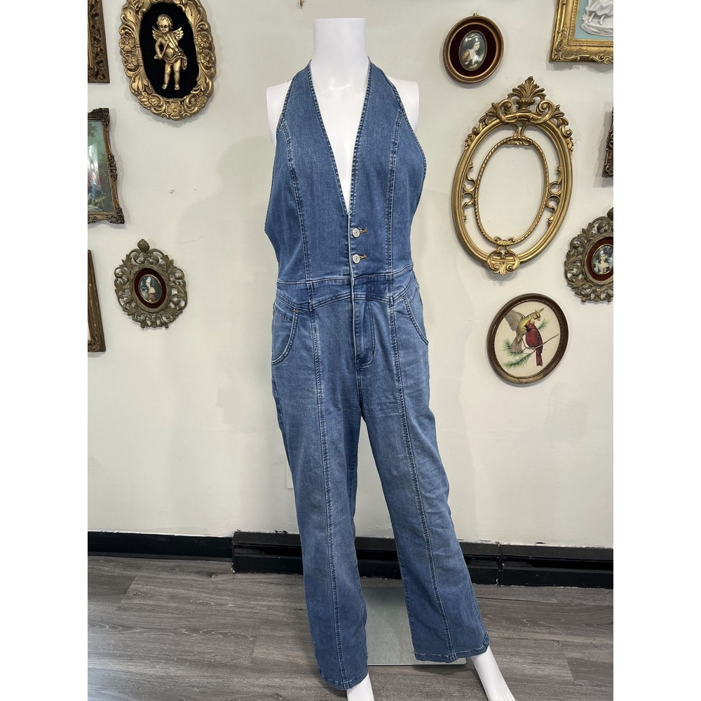 Free people We The Free Denim Halter Jumpsuit Blue Open Back V-Neck Size 28